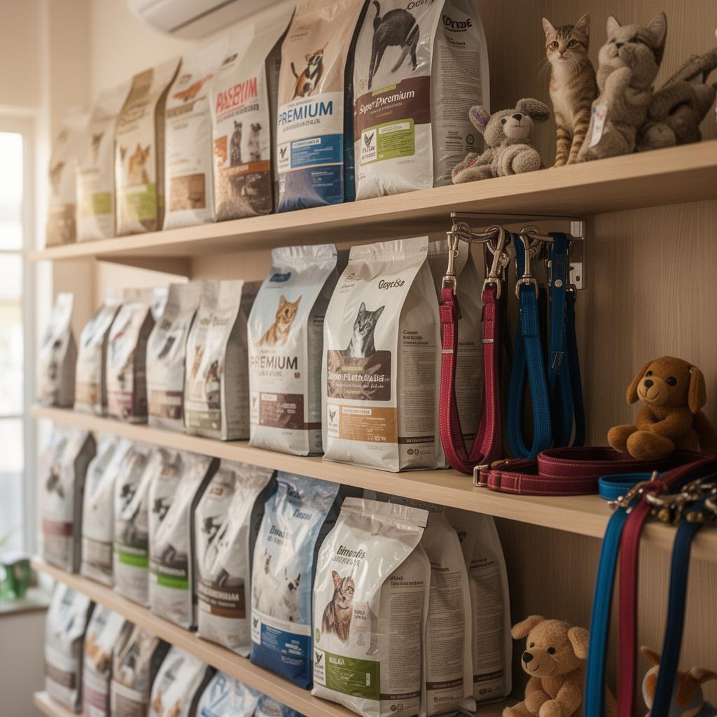 Prateleira de petshop com rações premium e acessórios